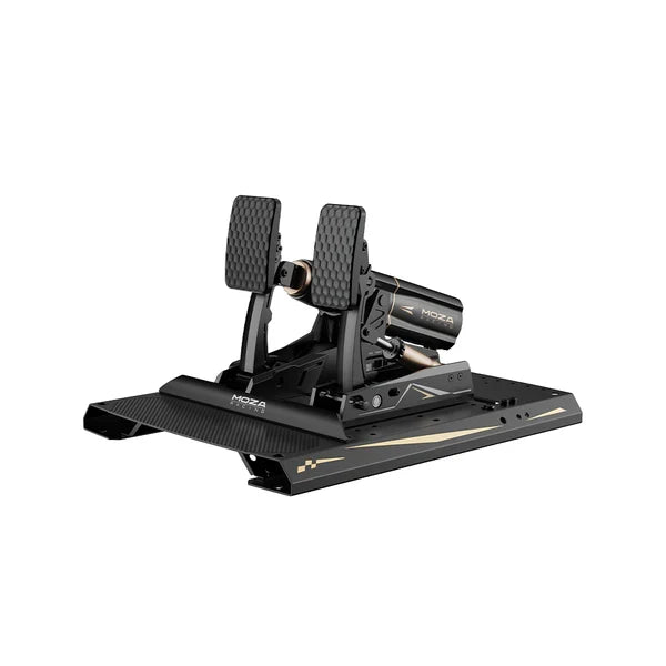 MOZA mBooster Active Pedal Set with CRP2 throttle, three-quarter rear view on a carbon base with gold accents showing the actuator and throttle