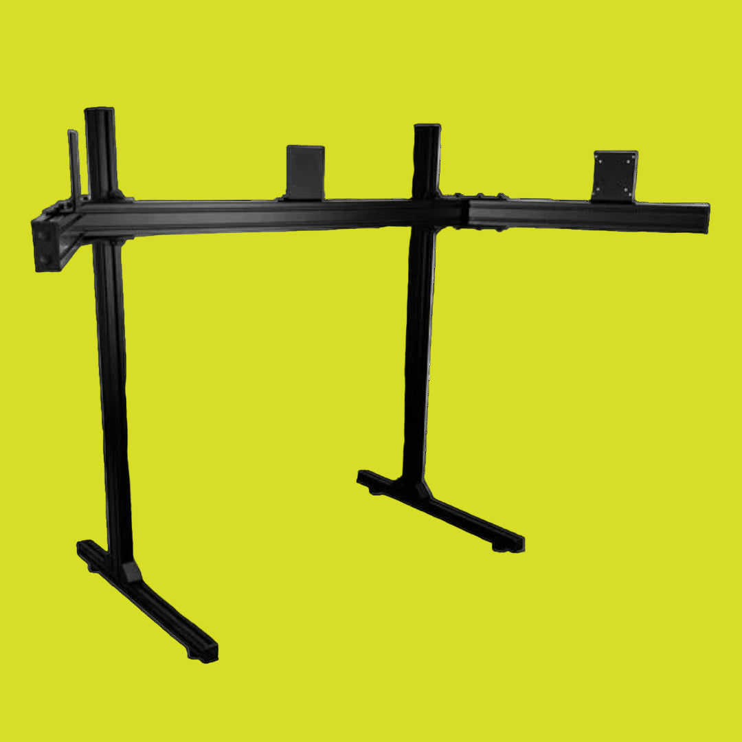 A black free-standing triple monitor stand with an X-shaped base and vertical support for multiple monitors.