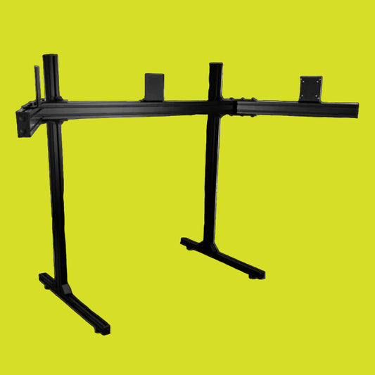 A black free-standing triple monitor stand with an X-shaped base and vertical support for multiple monitors.