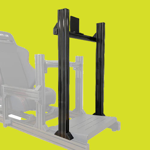 Integrated single monitor stand made of aluminum, black in color, designed to mount to a VRH-1 simulator chassis, shown without screws  side profile