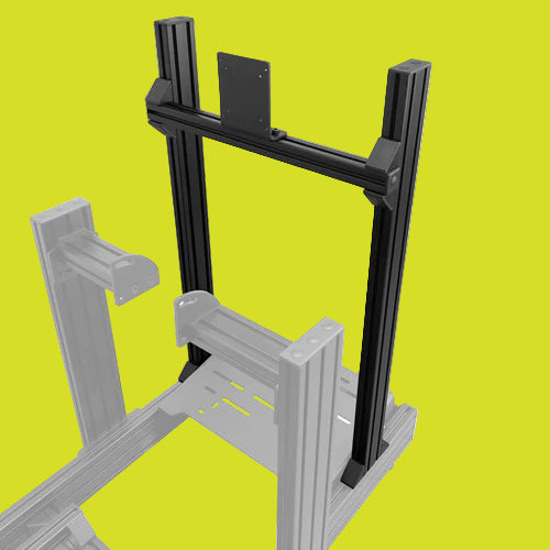 Integrated single monitor stand made of aluminum, black in color, designed to mount to a VRH-1 simulator chassis, shown without screws.