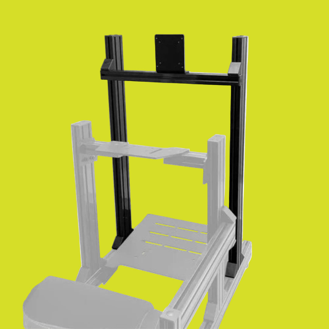 Integrated single monitor stand made of aluminum, black in color, designed to mount to a VRH-1 simulator chassis, shown without screws.
