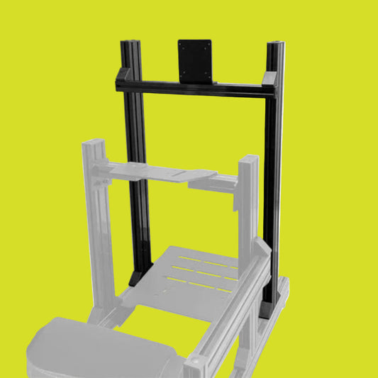 Integrated single monitor stand made of aluminum, black in color, designed to mount to a VRH-1 simulator chassis, shown without screws.