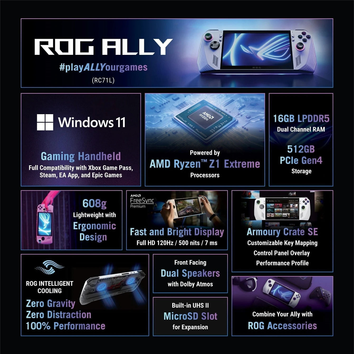 ASUS ROG Ally Handheld Gaming PC — AMD Ryzen Z1 Extreme, 16GB RAM, 512GB SSD, 7" FHD 120Hz, Windows 11 Home (RC71L-NH001W, Pure White)