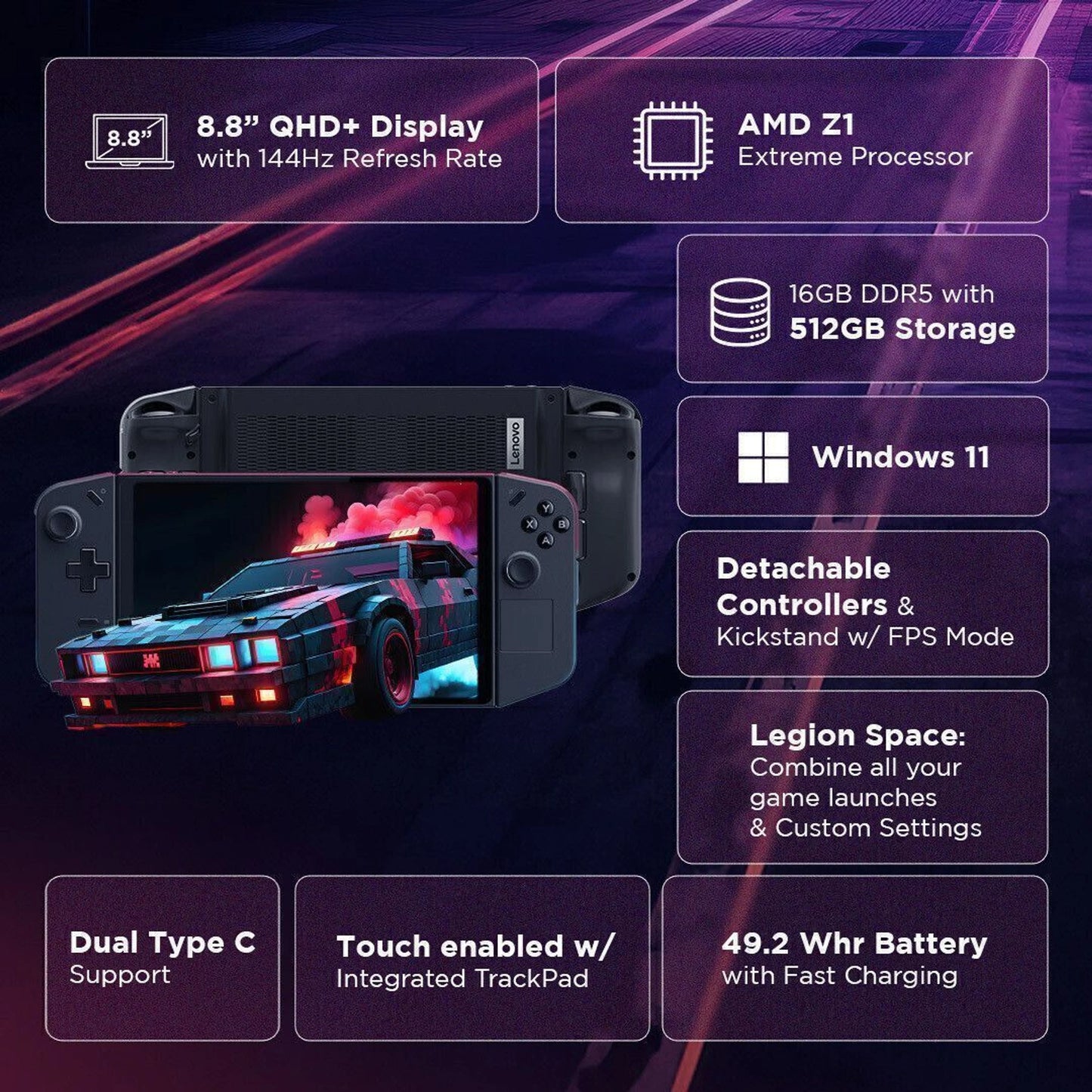 Lenovo Legion Go AMD Ryzen Z1 Extreme - (16 GB/512 GB SSD/Windows 11 Home) 8APU1 Handheld Gaming PC (8.8 Inch, Shadow Black, 1.7 kg)