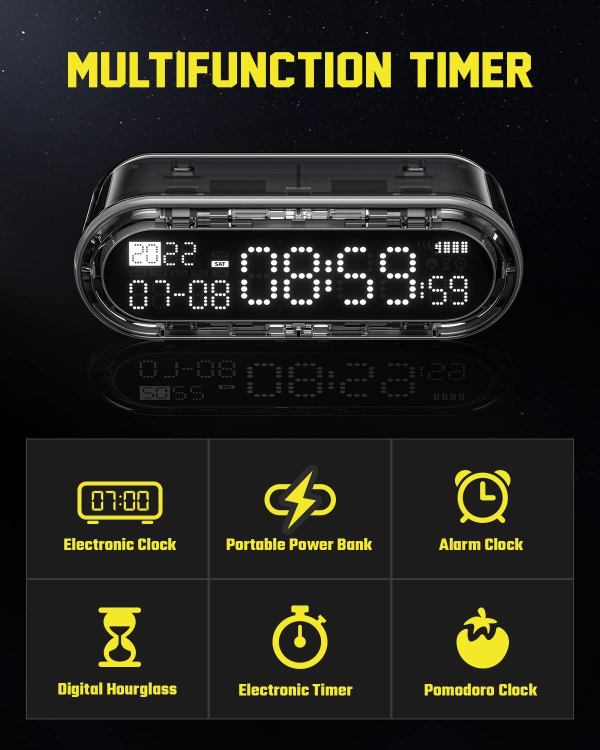 Sharge 4 in 1 Multifunctional Timer: Digital Clock/Digital Timer/Countdown Timer/Pomodoro Timer, 5000mAh Portable Charger Included, 20W USB Fast Charging (Cable not Included, Black)